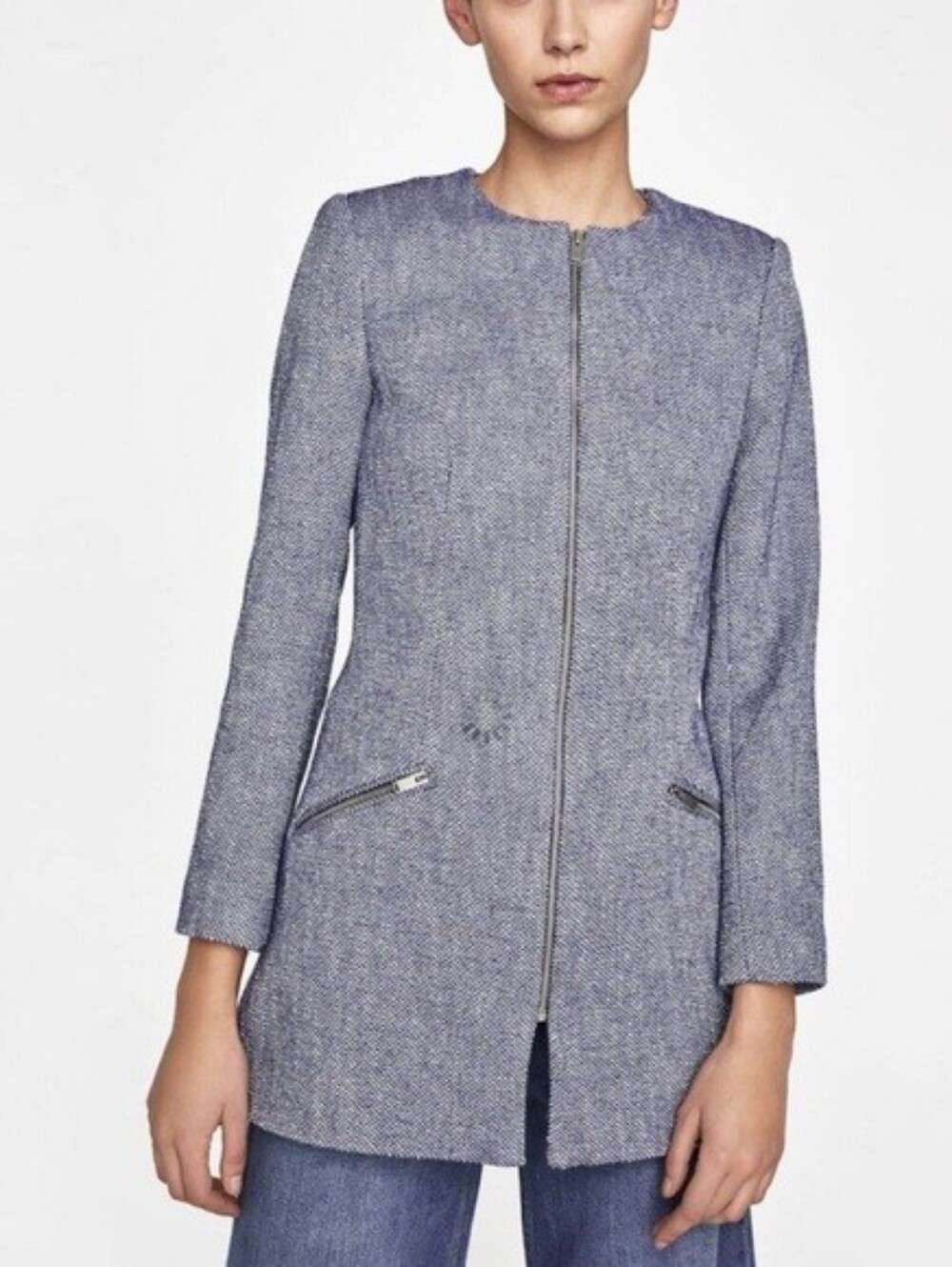 Zara Textured Zip Front Jacket in Blue & White Medium Like New